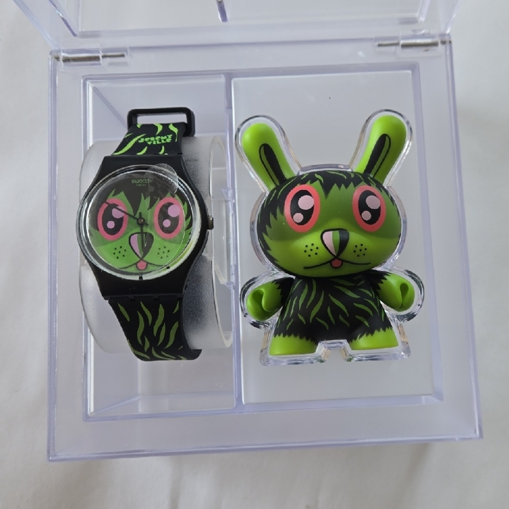 Swatch Black and Green Watch with Bunny Design